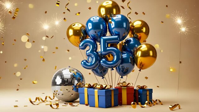 Celebration scene with blue and gold balloons, disco ball, and confetti explosion