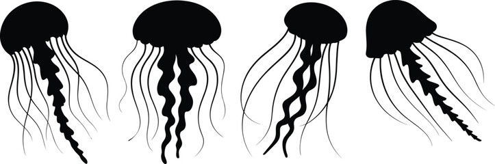 Silhouette Jellyfish Vector Illustration with Tentacles, Sea Life Marine Animal Design for Ocean Art, Decoration, Education, and Graphic Projects