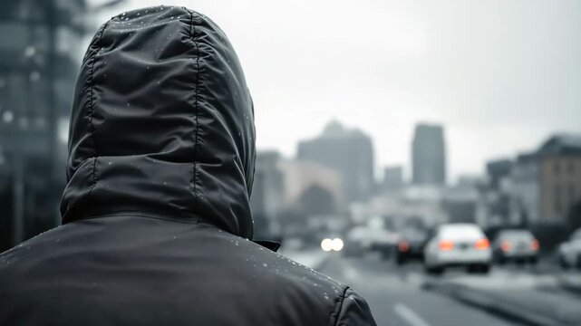 Rear silhouette of a hooded person standing under light snowfall mixed with rain and blurred city lights