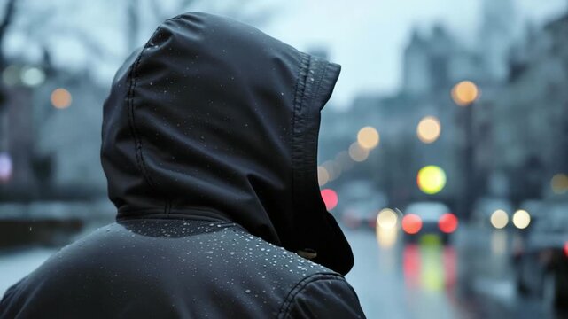 A person in a hooded jacket stands in light rain with snowflakes visible on the hood