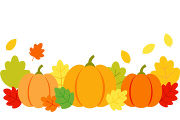 Autumn harvest pumpkins and colorful fall leaves border