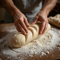 Close-up of hands kneading bread dough on a floured wooden surface, rustic baking atmosphere, detailed texture, photorealistic, warm daylight