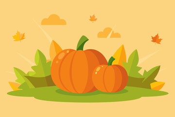 Two orange pumpkins surrounded by autumn leaves and clouds