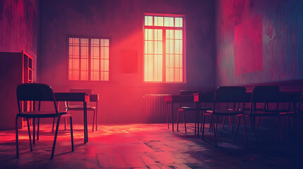 Empty Classroom Bathed in Red Light with Sunlight Streaming Through Windows