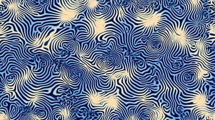 An abstract, topographical pattern with swirling blue and white lines
