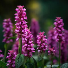 Obraz premium Close-up of vibrant magenta flowers, tall spikes, lush foliage