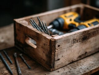 Wooden crate sits on a workbench. Tools and screws are nearby.