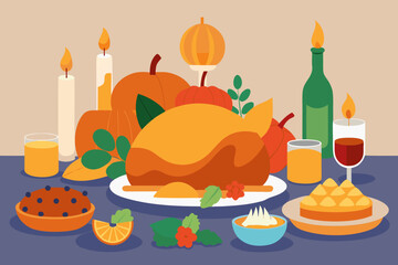 A festive thanksgiving feast with pumpkins and candles