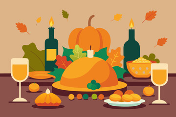 Festive thanksgiving dinner table with turkey and pumpkins
