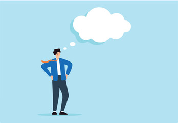 Flat illustration of smart businessman contemplates big dreams in thought bubble imagining solutions to change world