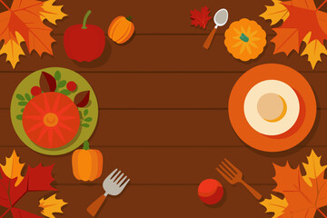 Autumn harvest thanksgiving dinner table setting with pumpkins and leaves