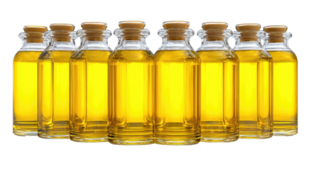 Eight clear glass bottles, filled with a bright, golden liquid, lined up in a horizontal row. Each bottle has a light-brown screw-top lid