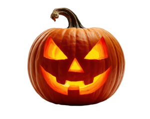 Isolated illuminated jack o lantern with a sinister smile on a pure mysterious background
