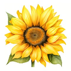 Naklejka premium This illustration shows a single sunflower with bright yellow petals, a detailed brown center, and two prominent green leaves.
