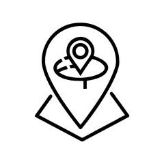 A simple black outline of a map pin icon with a location marker inside on a white background image