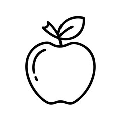 Outline drawing of an apple with a stem and a leaf isolated on a white background in simple vector style