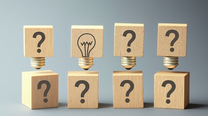 Wooden blocks with question marks and light bulb icons on a gray background, symbolizing ideas, creative thinking, and innovation in a business office setting.