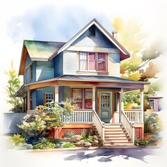 Obraz premium The illustration shows a light blue house with a white porch, steps, and green door, surrounded by lush greenery and located on a quiet street.