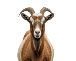 Portrait of a Majestic Goat with Impressive Horns and Fur Against a Striking Backdrop
