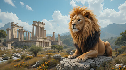 Here are a few options for a stock photo description under 200 characters:..**Option 1 (Focus on the majestic aspect):**..> Majestic lion, ancient ruins backdrop
