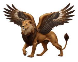 Majestic Winged Lion, a Symbol of Strength and Freedom Standing Proudly with Graceful Wings