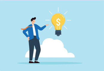 Flat illustration of businessman presents money idea under lightbulb during entrepreneurship funding venture capital meeting