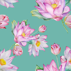 Fototapeta premium seamless pattern with pink lotus on blue watercolor illustration 