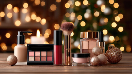 Displaying various cosmetics, makeup products, and beauty accessories on a wooden table against a softly lit Christmas tree, creating a warm, festive holiday atmosphere