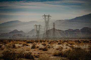 power lines desert mountains