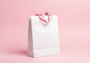 A plain white gift bag with satin handles sits against a soft pink background