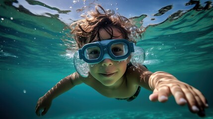 A young child wearing a blue and white snorkeling mask, swimming underwater with their arms outstretched.