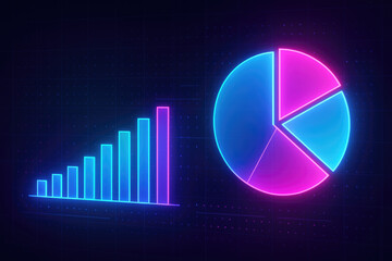 Neon Glowing Bar Chart and Pie Chart with Digital Grid Background graph data