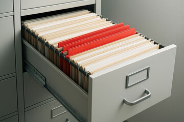 Open filing cabinet drawer with beige and red hanging file folders office supplies organization