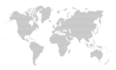 Dotted world map on a white background. World map stylized with halftone black dots. Earth map template with continents, North and South America, Europe and Asia, Africa, and Australia. Vector © Yevhenii