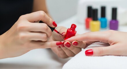 Manicurist applying red nail polish, close-up