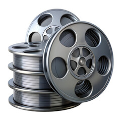 Obraz premium Stack of vintage metal film reels for cinema and movie production isolated on transparent background