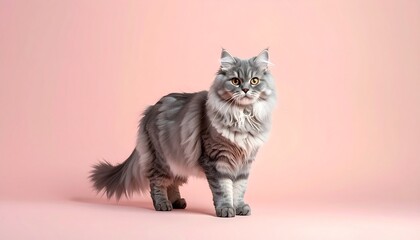Gray Maine Coon Cat Posing Against Pink Background.
