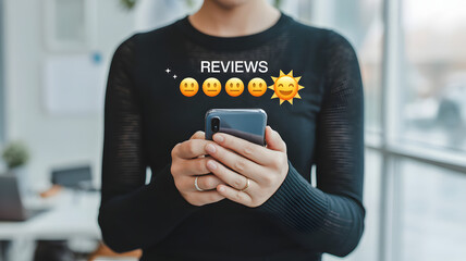 Review Appreciations: An individual holds a smart phone, the word Reviews and a collection of rating emoticons in front of an office setting.