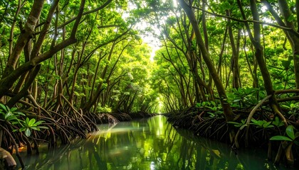Obraz premium A tranquil, sunlit waterway meanders through a dense mangrove forest, reflecting the lush green canopy above.