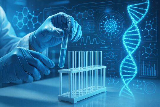 Scientist in blue gloves examines test tube with DNA helix and digital data overlay in futuristic lab