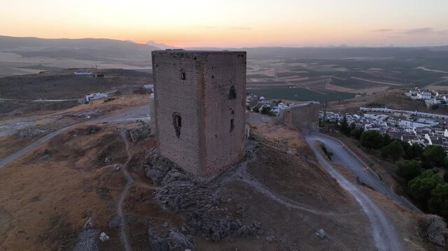castillo de la estrella en el municipio de Teba visto desde un dron al atardecer, Andaluc&iacute;a	