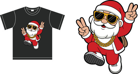 Cool Santa Claus cartoon vector, hip hop style Christmas character, peace sign gesture, sunglasses, gold chain, festive streetwear, T-shirt design illustration