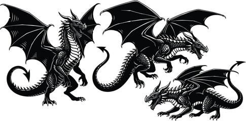 Set of black silhouette fantasy dragons in different poses with wings, horns, and scales for mythology, tattoo, and vector design.