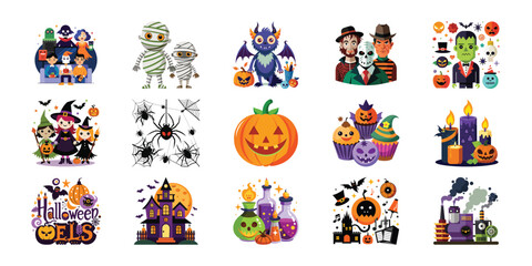 Collection of Spooky and Fun Halloween Characters and Decorations for Festive Designs