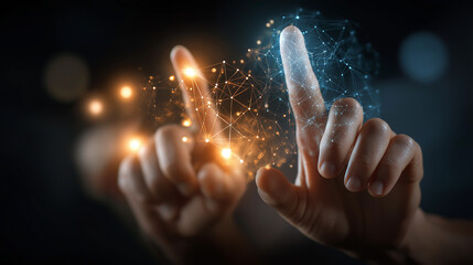 Digital Connection Touch: The human finger initiates an intricate connection, illuminated by glowing points of light and energy, against a backdrop of blurred gradients.