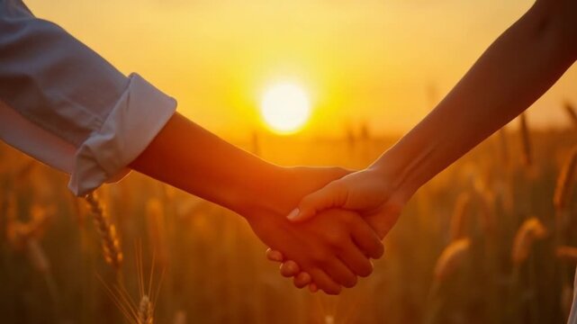 Unrecognizable couple touches golden wheat, then holds hands at sunset. Concept connection, nature, and intimacy