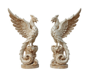 Fototapeta premium Majestic Encounter, Two Phoenix Sculptures in Harmonious Symmetry Against a Deep Void, Antique Art