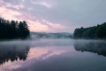 Fototapeta premium Misty lake at dawn with colorful sky pictures