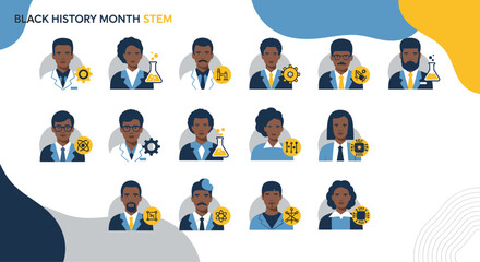 Celebrating Black History Month STEM innovators with diverse portraits and science icons