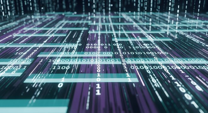 Digital stream of binary code flowing with data blocks and falling binary rain in blue and purple